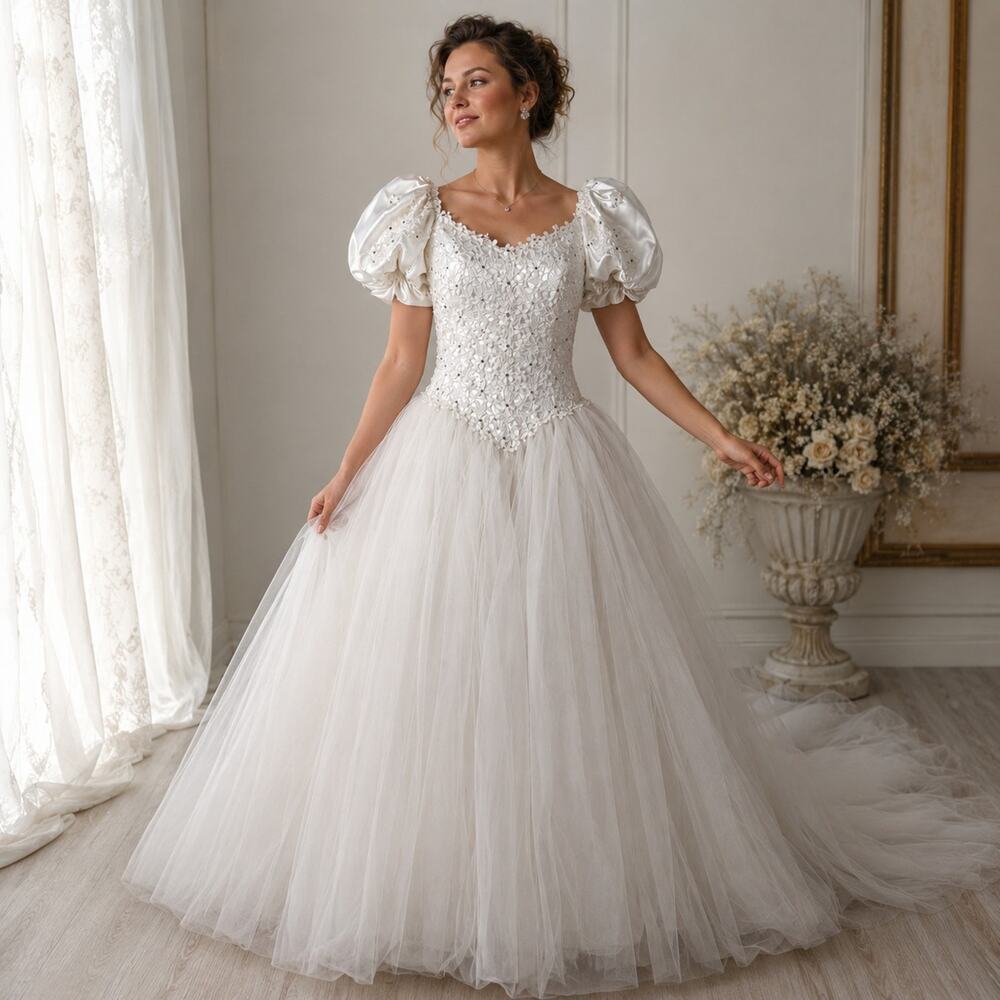 Vintage Galina Beaded Lace Wedding Dress Puff Sleeve Tulle Train Bridal M